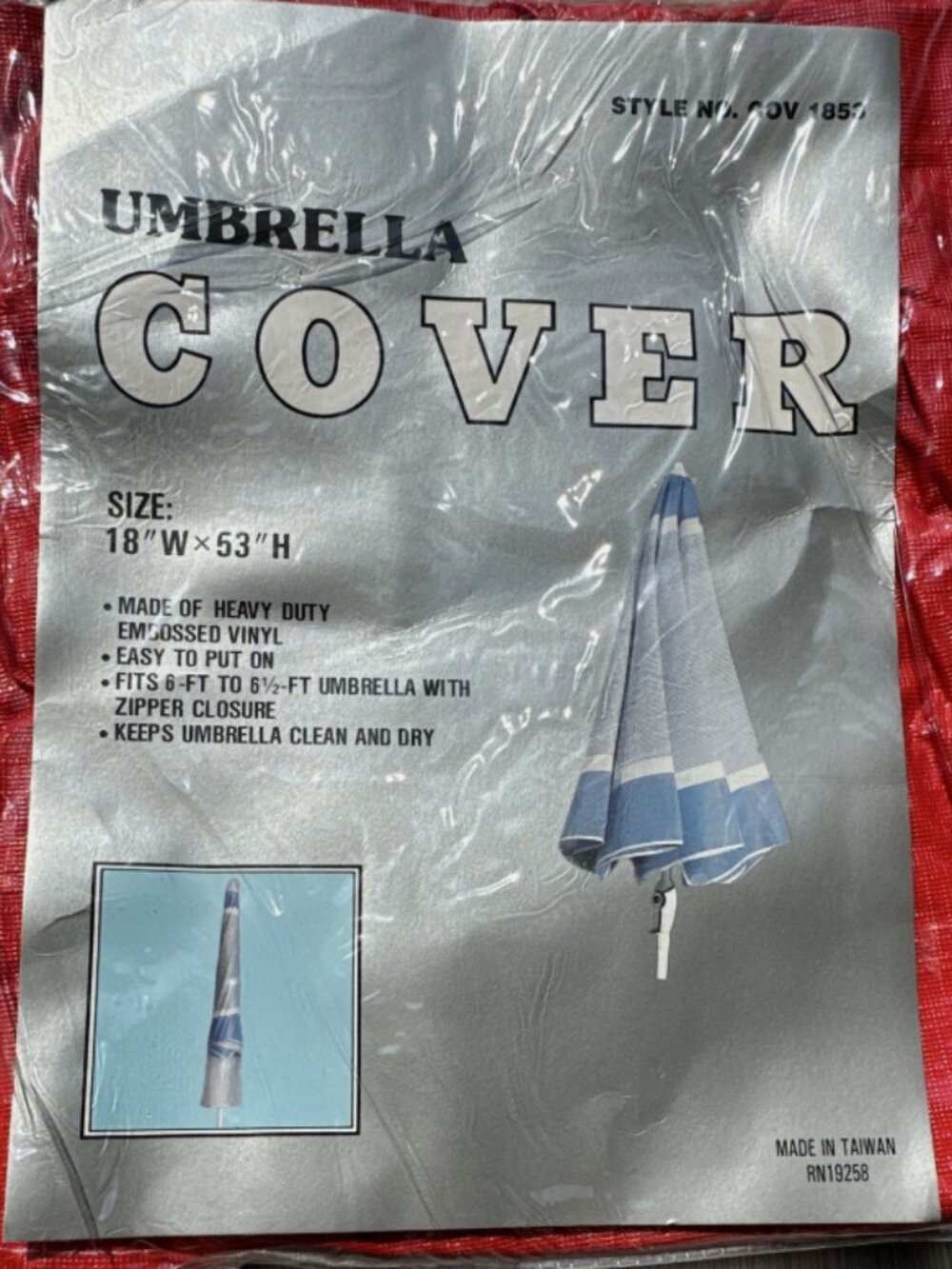 Heavy Duty Embossed OutdoorVinyl Umbrella Cover Red 18in x 53in Zipper Closure